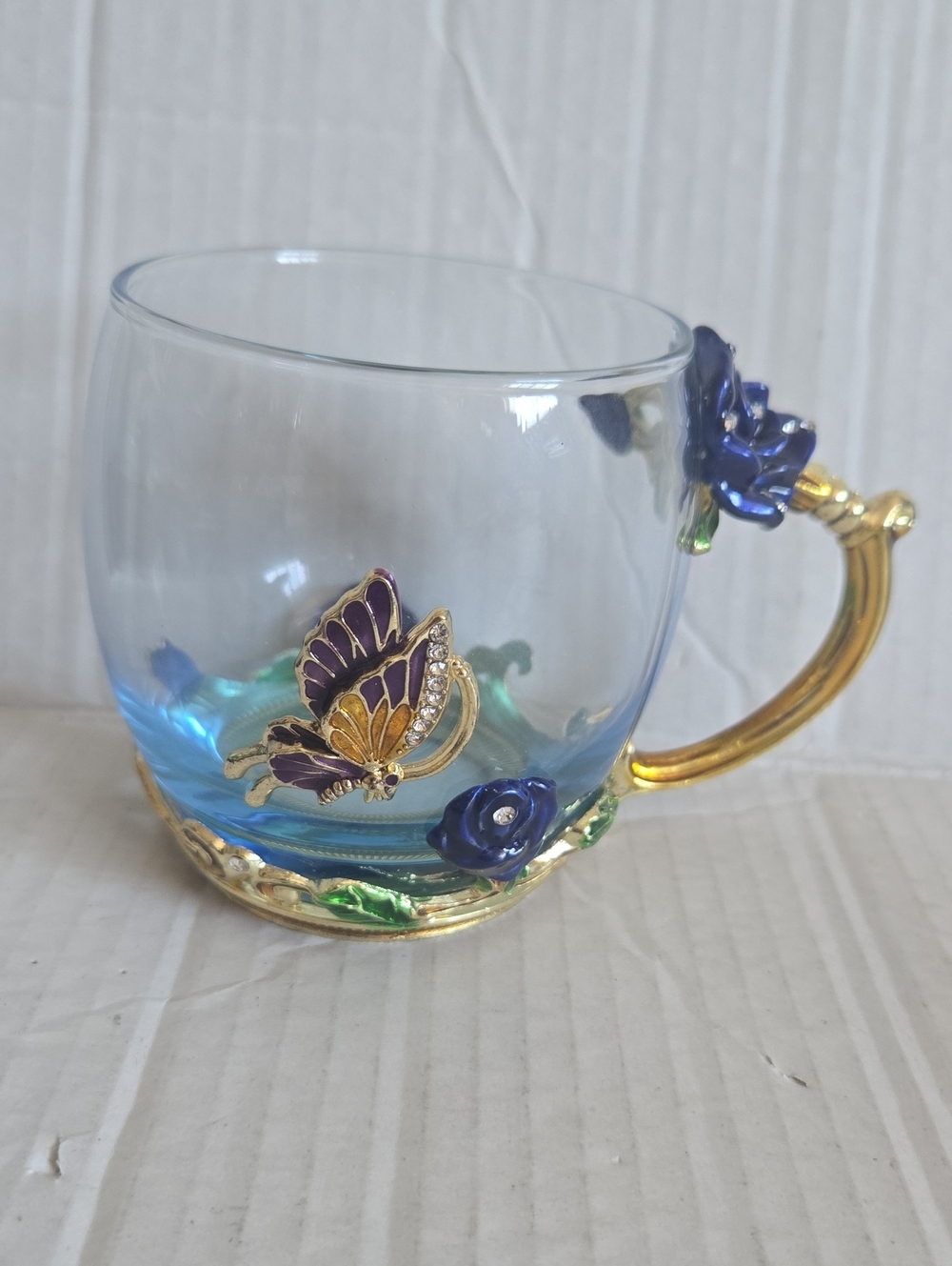 ARC 32C1 Glass Mug Cup Enamel Butterfly Blue Rose Tea Handmade Gold Marked 320ml